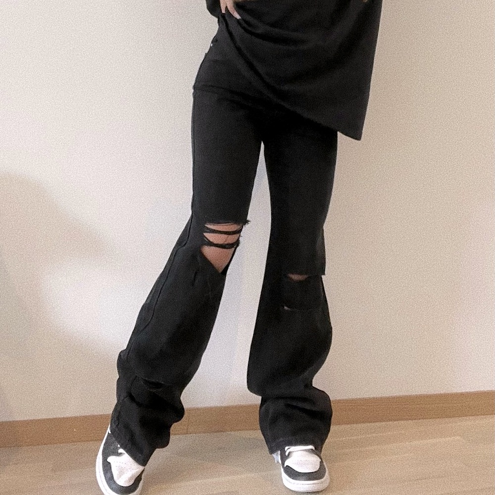 Black High Waisted Distressed Wide Leg Jeans